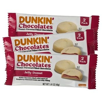 Dunkin Donuts Chocolates Jelly Donut. White chocolates with raspberry filling.