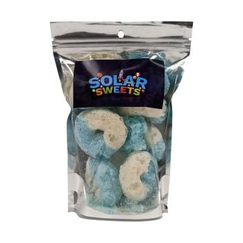 Freeze dried blue raspberry rings packaged by Solar Sweets.