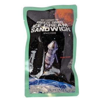 Front of packaging for a freeze dried mint chocolate chip ice cream sandwich, originally crafted for NASA astronauts to eat in space.