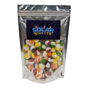 Freeze Dried Skittles are your favorite chewy rainbow candy dehydrated to have a light, crunchy texture and a more intense fruit flavor. Packaged by Solar Sweets.