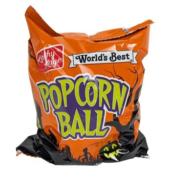 Kathy Kaye World's Best Popcorn Ball wrapped for Halloween.