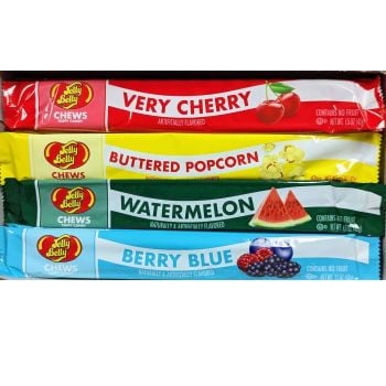 Jelly Belly Chews in Jelly Bean flavors, including Berry Blue, Watermelon, Very Cherry and Buttered Popcorn.