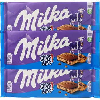 Milka Chips Ahoy! is a chocolate bar with a chocolate chip cookie nougat filling.