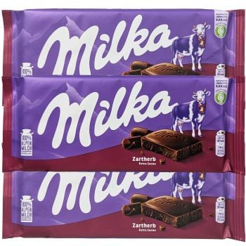 Milka Dark Chocolate bar with extra cocoa.