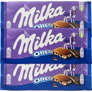 Milka Oreo is a milk chocolate bar filled with cream and Oreo cookie pieces.