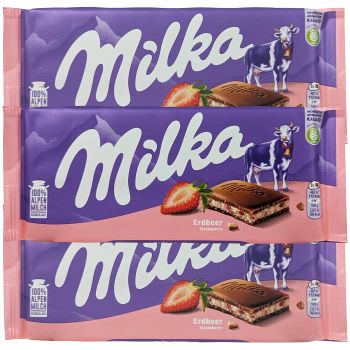 Milka Erdbeer is a milk chocolate bar with strawberry filling