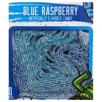 Close up of Blue Raspberry Sour Strips in package.
