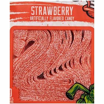 Close up of Strawberry Sour Strips in package.