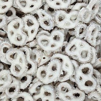 Sugar Cookie Frosted Pretzels with tiny sugar beads.
