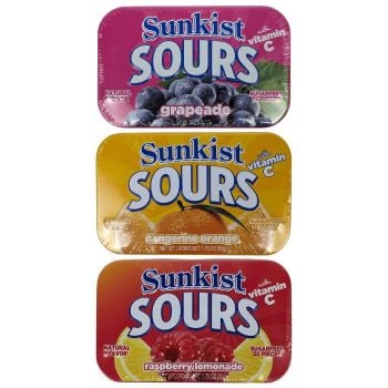 Sunkist Sours with Vitamin C. Sugar-free candies in grapeade, raspberry lemonade, and tangerine orange flavors.
