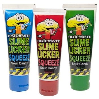 Toxic Waste Slime Licker Squeeze sour candy gel in blue razz, strawberry and green apple flavors.