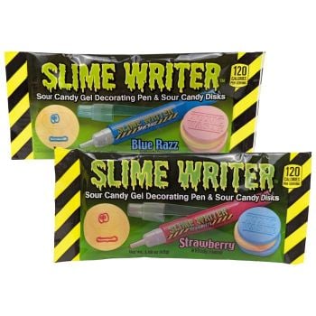 Toxic Waste Slime Writer in Blue Razz and Strawberry flavors. Features a sour candy gel decorating pen and sour candy disks.