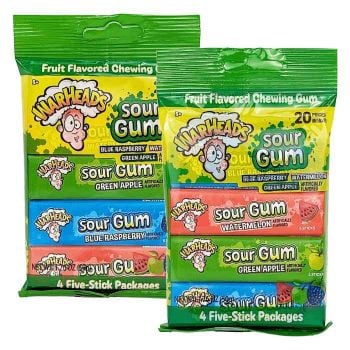 Packages of Warheads Sour Gum in three fruit flavors, including watermelon, green apple and blue raspberry.